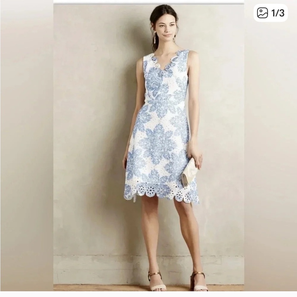 Anthropologie Blue and White Lace Mini Dress